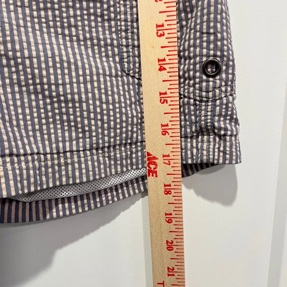J. Crew Mens Seersucker Striped Board Shorts Blue Tan Swim Trunks Size 33